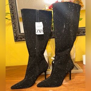 Zara Black rhinestone high heel Boots. New!!